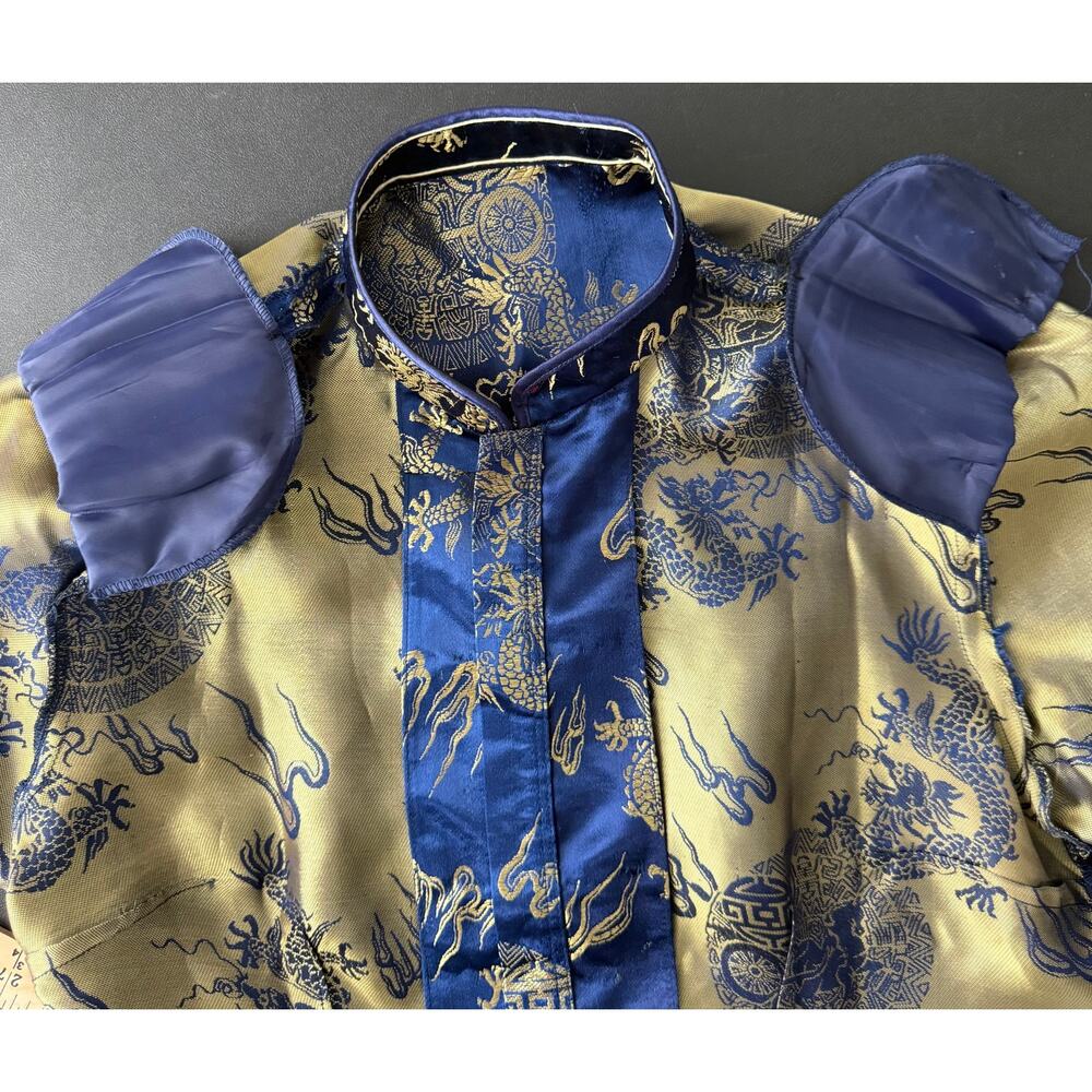 MATSUZAKI Vintage Oriental Unisex Top XXL Blue & Gold Dragon Embroidered Detail - Picture 6 of 9